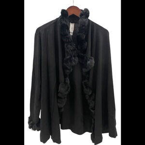 WynneCollection Women's Faux Fur Pompom Cardigan Black - Regular